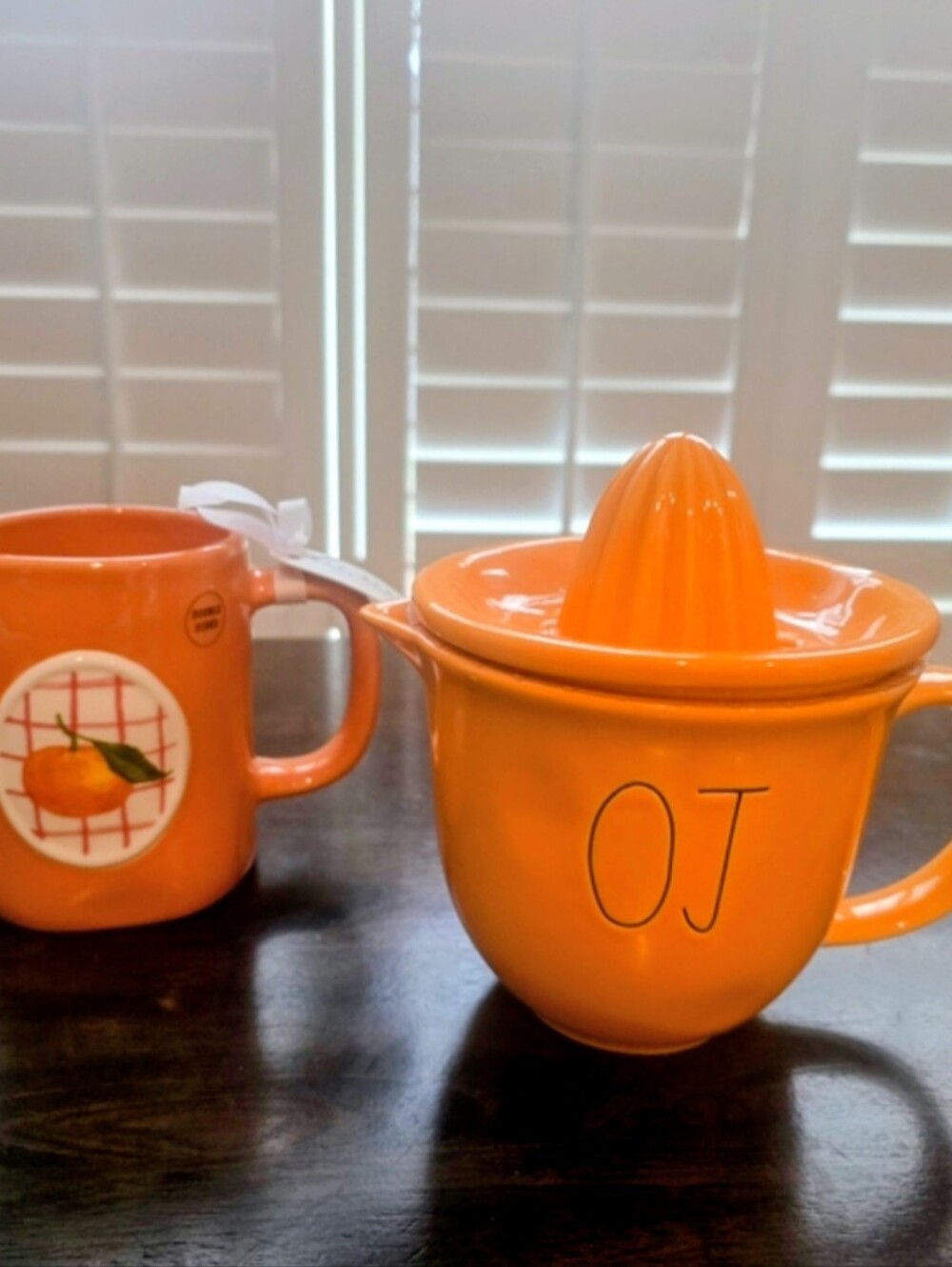 Rae Dunn Orange Ceramic Citrus Juicer and Mug Set